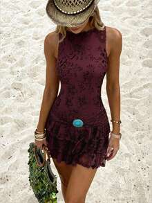 Siren Gaze 新款优雅酒红色圆领无袖复古连衣裙，女士款 - 酒紅色 - 查看 9