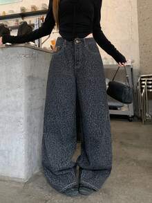 DAZY 女士豹纹口袋阔腿宽松休闲牛仔裤 夏季 - 灰色 - 查看 4