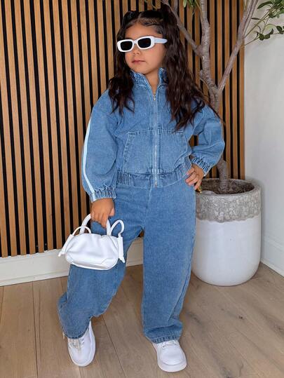 DAZY Young Girls Casual Striped Denim Top And Elongated Denim Pants Set