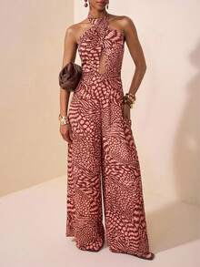 Zivah Mono informal de mujer con estampado todo sobre, con cuello halter y atar, adecuado para vacaciones y uso diario - Rojo - Ver 11