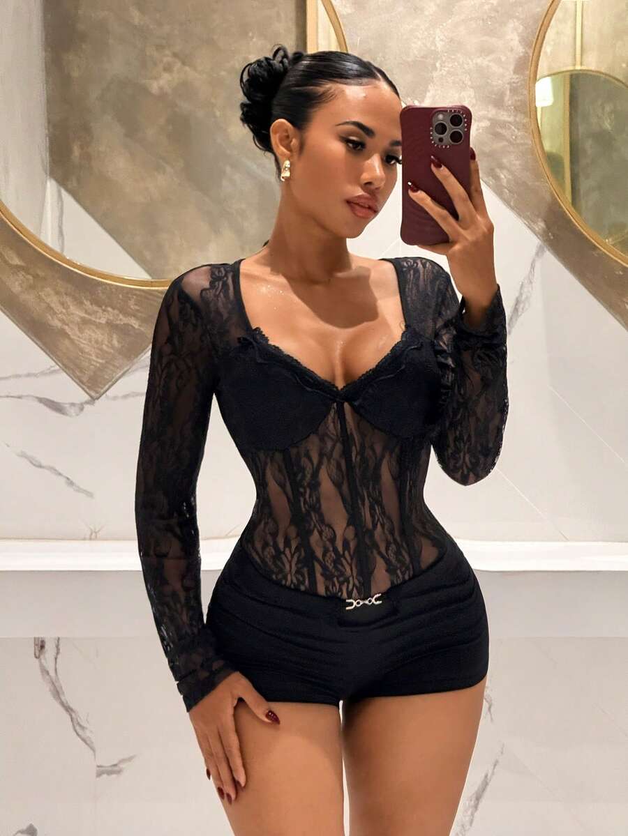Slaydiva 2025秋冬季新年、情人节、派对、宴会、约会、生日派对、学院风、学生装、日常休闲、百搭基础款、休闲、邮轮旅行、爆款、优雅浪漫性感派对、性感、方领、蕾丝领口、收腰、黑色蕾丝、透视、紧身连体衣、秋冬连体衣、性感连体衣、女士连体衣 - 黑色 - 查看 1