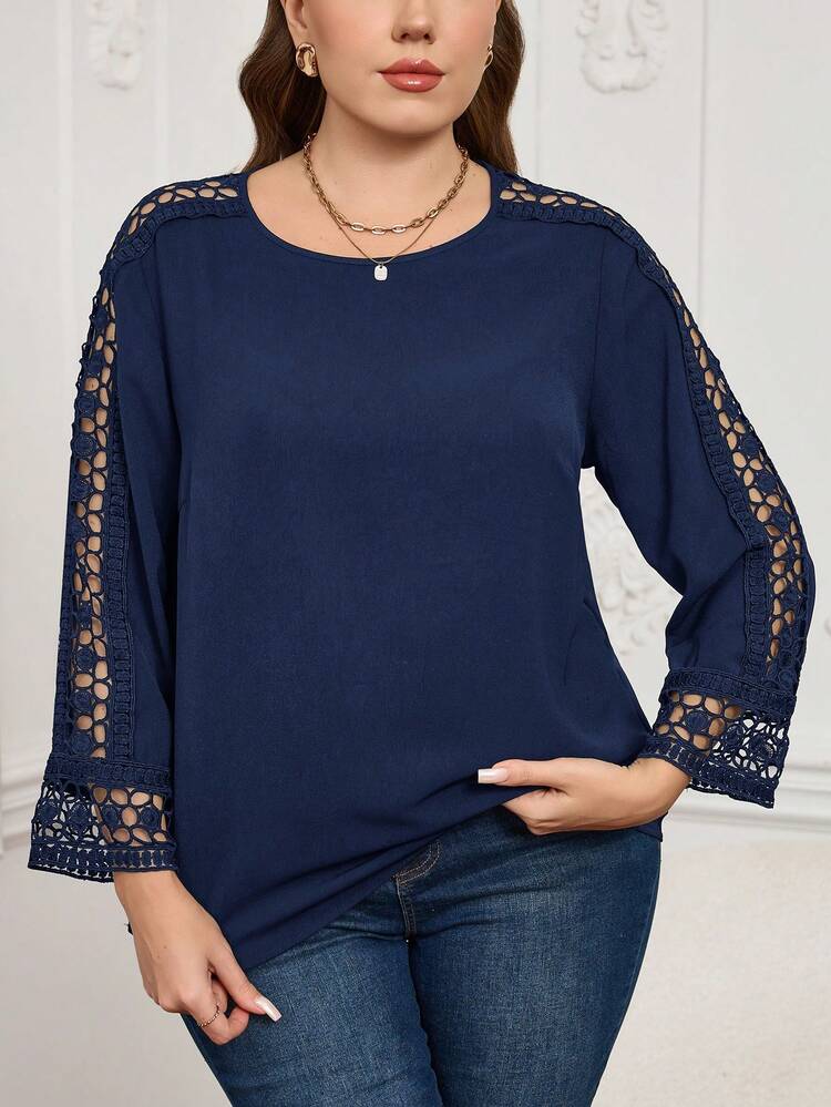 Plus Size Solid Color Hollow Casual Versatile Long Sleeve Shirt For Daily Wear