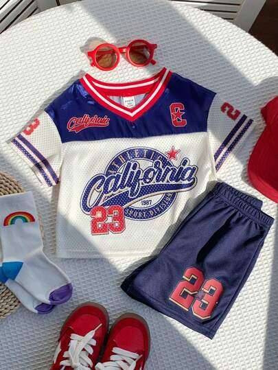 SHEIN 2pcs/Set Unisex Baby Boy/Girl Casual Sporty Color Block Jersey Set, Short Sleeve Knit Top, Spring/Summer Baby Clothes, Outfits