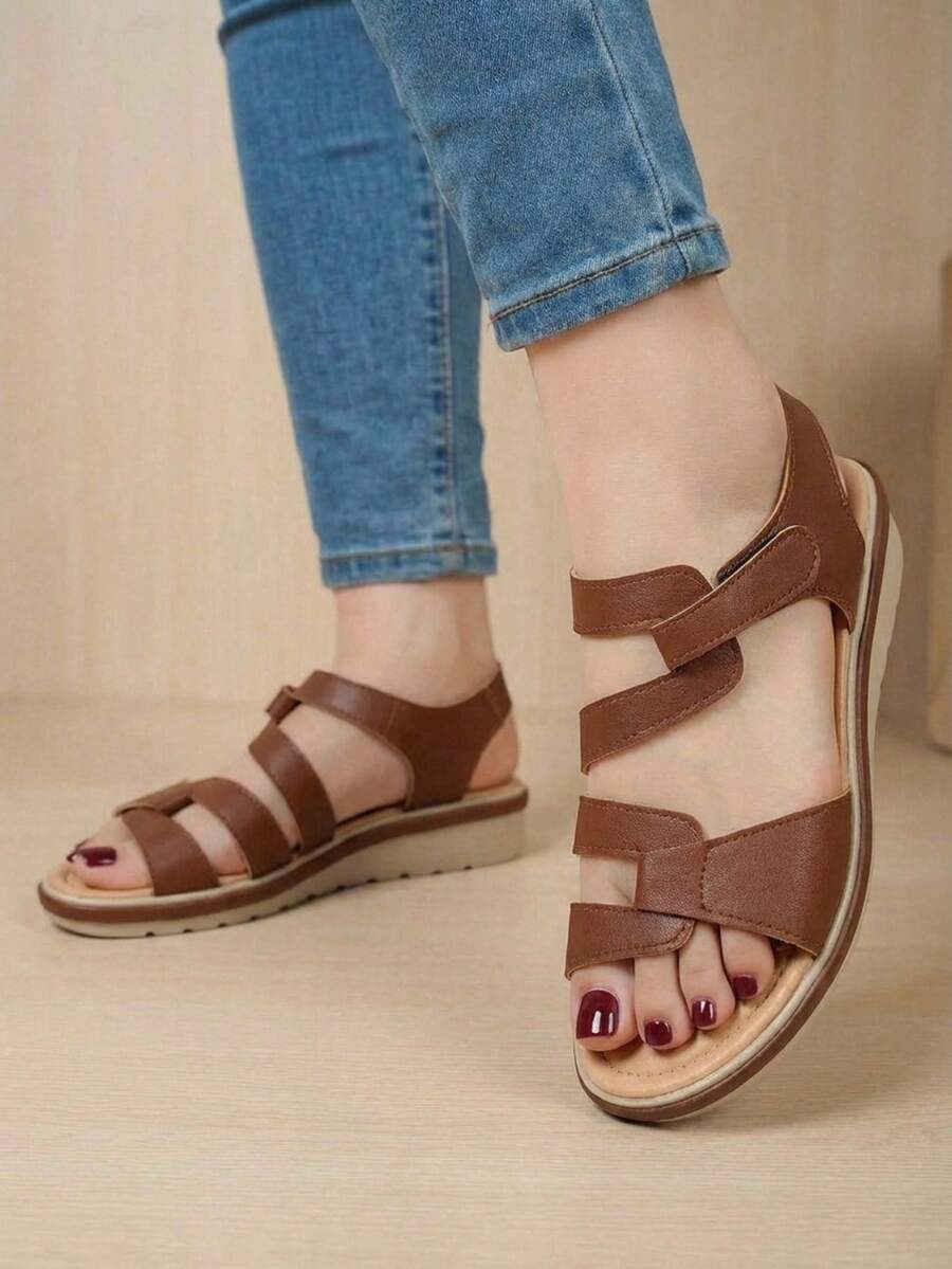 Sandalia Mujer Confortable Punta Abierta Sin Cordones Suela Gruesa Estilo Casual Paseo Diario Sandalias - Marrón - Ver 1