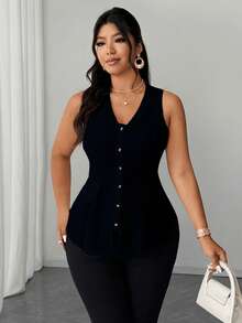 Elenzga 2025 New Plus Size Women's Elegant Fashion Daily Versatile V-Neck Open Front Pocket Decor Sleeveless Blouse, Spring/Summer - Black - View 3
