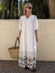 DAZY Đầm dài dáng rộng phong cách Bohemian cổ tròn tay lỡ 3/4 họa tiết hoa phối màu dành cho nữ. - trắng - Xem 6