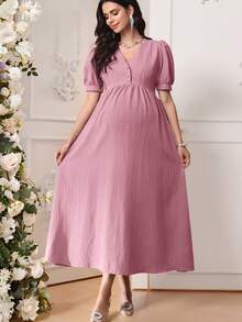 SHEIN 孕妇纯色短款花瓣袖纽扣设计优雅连衣裙 - 粉色 - 查看 2