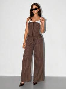 SHEIN ICON 女士通勤条纹阔腿裤 - 棕色 - 查看 5