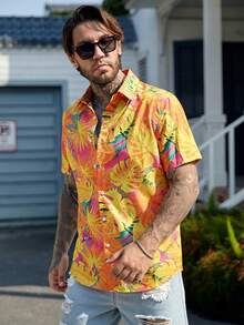 EASEVO Plus Size Men's Tropical Plant Print Short Sleeve Single-Breasted Casual Shirt - Multicolor - View 4