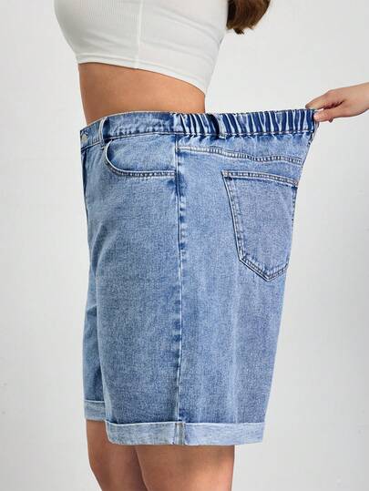 SHEIN CURVE+ Plus Size Women Denim Bermuda Shorts,Dark Blue,Summer,Casual,Everyday Light Wash Denim Shorts With Rolled Cuffs And Pockets,Chic Y2k Cute Streetwear