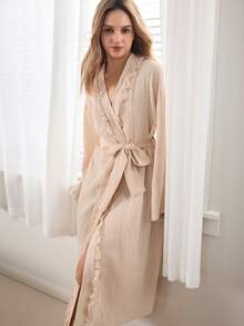 Ocili Minimalist Comfortable Wood Frill Trim Long Robe, Women Sleepwear - Apricot - View 4
