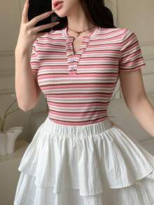 DAZY 女士休闲条纹圆领衬衫，夏季 - 粉色 - 查看 6