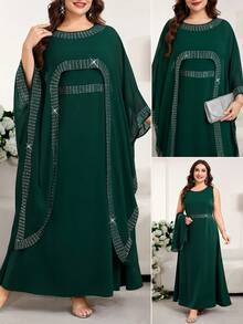 Reflora 大码女式水钻装饰圆领蝙蝠袖不对称下摆开衫上衣和无袖连衣裙优雅两件套 - 藏蓝色 - 查看 12