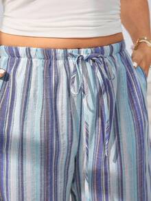 Solflare Pantalones de pierna ancha con bolsillos y cintura con lazo a rayas para mujer de talla grande, para primavera/verano - Multicolor - Ver 6