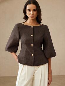 Aveloria Rosie 时尚简约百搭通勤优雅奢华复古设计人字纹拼接圆领收腰灯笼袖女士西装外套 - 彩色 - 查看 2