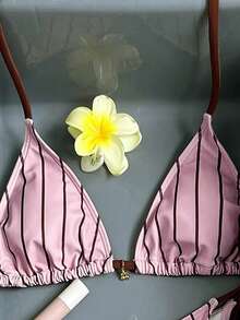 Swim Mod 女士甜美几何条纹撞色度假泳衣，泳装套装 - 彩色 - 查看 5