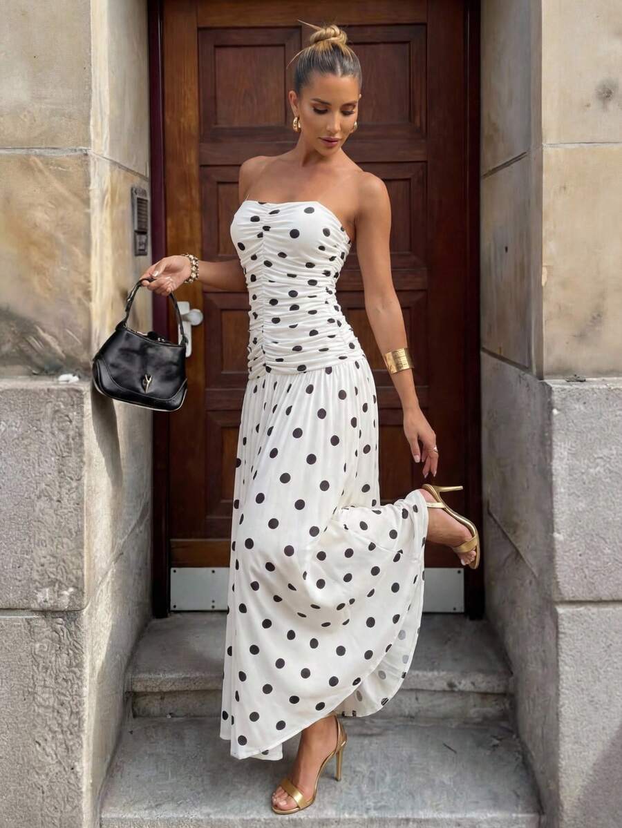 Lumalex 早春复古黑白波点褶皱紧身胸衣连衣裙，适合女士，奢华舞会、聚会、宴会、低调奢华、闪耀夺目的节日派对、锐舞派对、音乐节、郊游、度假、户外、婚礼季、宴会、圣诞节、新年等场合，层次丰富，是派对、晚宴、晚会、派对的理想之选。早春波点连衣裙，女士无肩带长款波点连衣裙，夏季白色波点长裙。