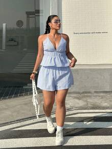 Muchica 大码女式条纹荷叶边吊带背心和短裤两件套 - 藍白色 - 查看 4
