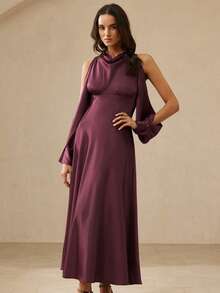 BELROSIE Elegant Party Satin Halter Backless Mini Dress - Purple - View 1
