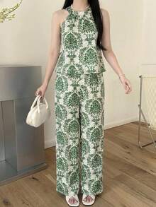 SHEIN Teen Girls T-Shirt Co-Ords 2pcs Vacation Basic Halter Blouse + Wide-Leg 3/4 Pants Floral Woven Set - Green - View 6