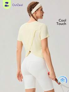 OutZeal Áo tập thể dục nữ, áo thun ngoài trời mùa hè, áo tập gym, áo tập luyện tay ngắn thoáng mát, thiết kế xếp ly phía sau, áo ngoài trời. - Màu vàng - Xem 9