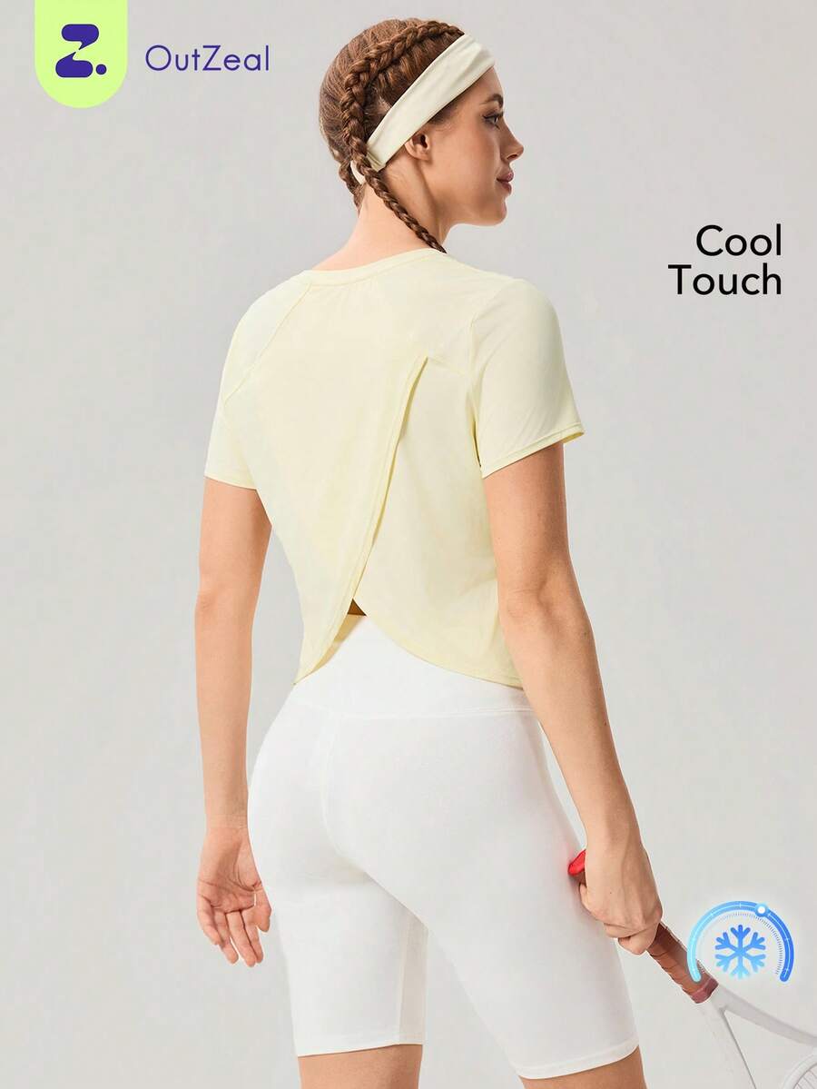 OutZeal Tops de entrenamiento para mujeres, camiseta de verano para gimnasio y actividades al aire libre, diseño de espalda plisada con manga corta y efecto de enfriamiento - Amarillo - Ver 1