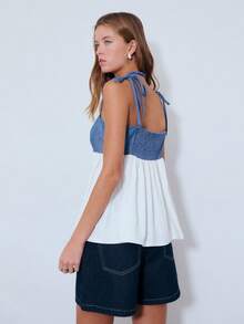 Nöista Two-Tone Camisole Features A Denim Bodice With Adjustable Tie Straps And A Flowy White Skirted Bottom. Casual, Summer, Spring, Denim Top, Easter. - Navy Blue - View 2
