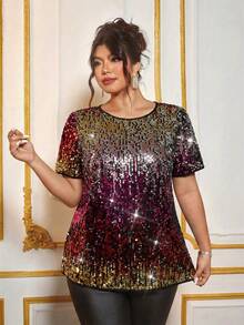 Cravure Plus Size Women Gradient Sequin Round Neck Short Sleeve Elegant Blouse - Multicolor - View 3