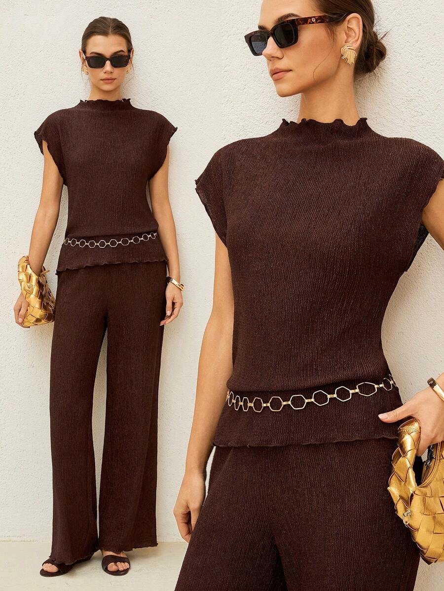 Lymera 女士休闲纹理竖条纹无领插肩袖上衣和阔腿裤套装，春夏款 - 咖啡棕 - 查看 1