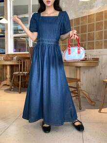 DAZY 复古方领拉链后背收腰花瓣袖牛仔连衣裙，女士夏季款 - 藍色 - 查看 5