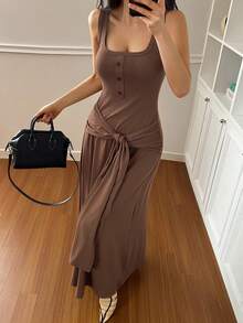 DAZY Women's Summer Square Neck Tie Waist Fitted Casual Long Dress Sun Dresses For Women - Brown - View 4