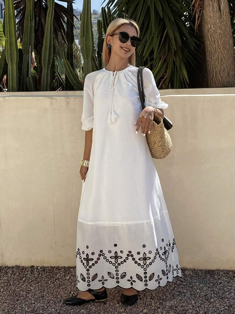Women's Round Neck 3/4 Sleeve Contrast Color Floral Print Bohemian Style Loose Long Dress Sundress Boho