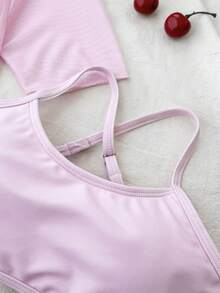 SHEIN 少女碎花三件套泳衣，夏季夏威夷海滩度假 - 粉色 - 查看 4