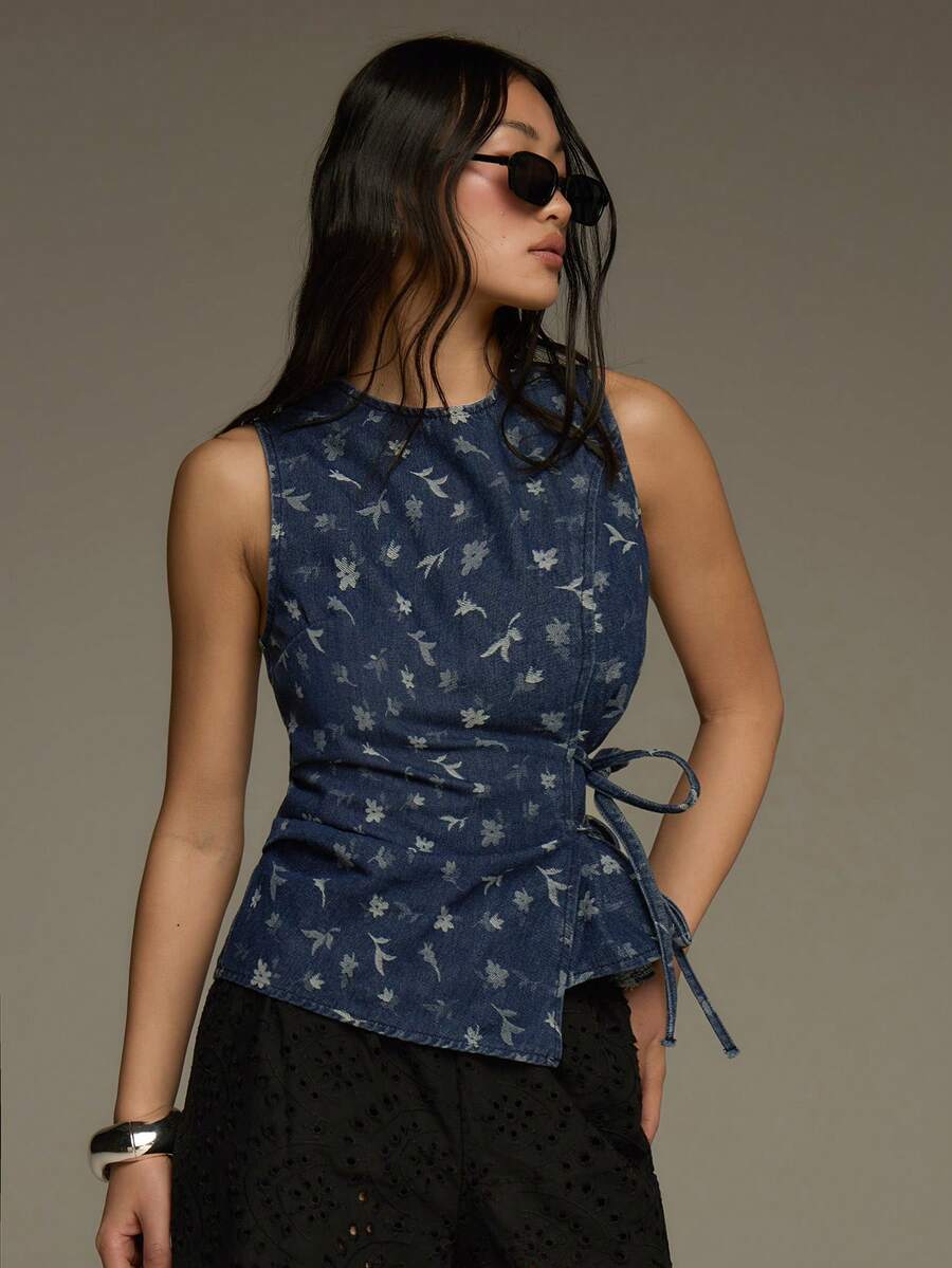 COSMINA 女士系带设计时尚百搭休闲牛仔上衣 - 藍色 - 查看 1