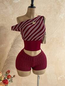 Soleia Women's Striped Asymmetrical Shoulder Cinched Waist Fashionable Top - Multicolor - View 3