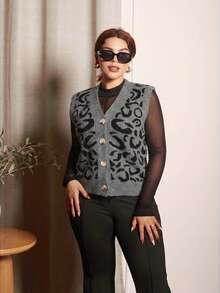 Lupita Cardoza 女式单排扣 V 领豹纹针织背心，秋冬休闲款 - 彩色 - 查看 4