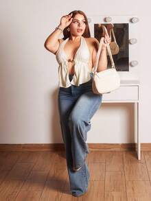 Lupita Cardoza 女士時尚高腰簡約設計直筒寬腳牛仔褲 - 深色水洗藍 - 查看 4