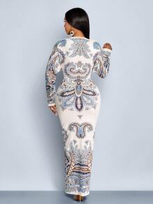 SOLERSUN Trang phục nữ cho mọi mùa: Thanh lịch và giản dị, Nền màu mơ in họa tiết xanh trắng, Vải dệt kim co giãn, Cổ chữ V sâu, Tay cánh dơi, Tay dài, Nếp xếp ở hông, Xẻ tà phía trước, Váy dài. - Màu be - Xem 2