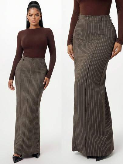 SHEIN SXY تنورة نسائية بنية مخططة أنيقة للخريف للعمل والمكتب بقصة ضيقة متعددة الاستخدامات بأزرار طويلة ومنحنية
