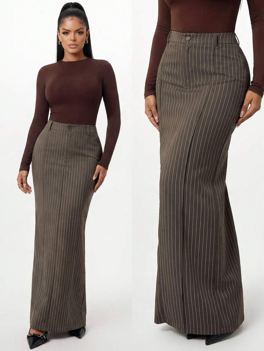 SHEIN SXY Women's Striped Button Slim Fit Versatile Date Outing Skirt - Multicolor - View 1