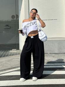 Muchica 大码女式弹力腰带口袋休闲百搭日常阔腿裤 - 黑色 - 查看 5