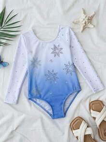 SHEIN Emery Rose Kids Young Girl Casual Beach Vacation Long Sleeve Swimsuit, Ombre Style, Snowflake Print, Gymnastics Style, Cute - Blue and White - View 3
