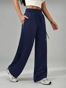SHEIN PETITE Navy Blue Straight Loose Casual Sweatpants - Navy Blue - View 3