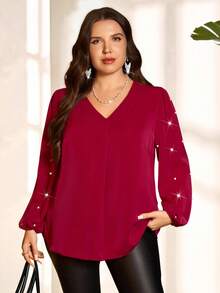 Miaspire Women's Plus Size Burgundy Elegant Blouse,Formal V-Neck Faux Pearl Decor Lantern Sleeve Solid Color Top For Autumn Winter Christmas New Year Cozy - Burgundy - View 1