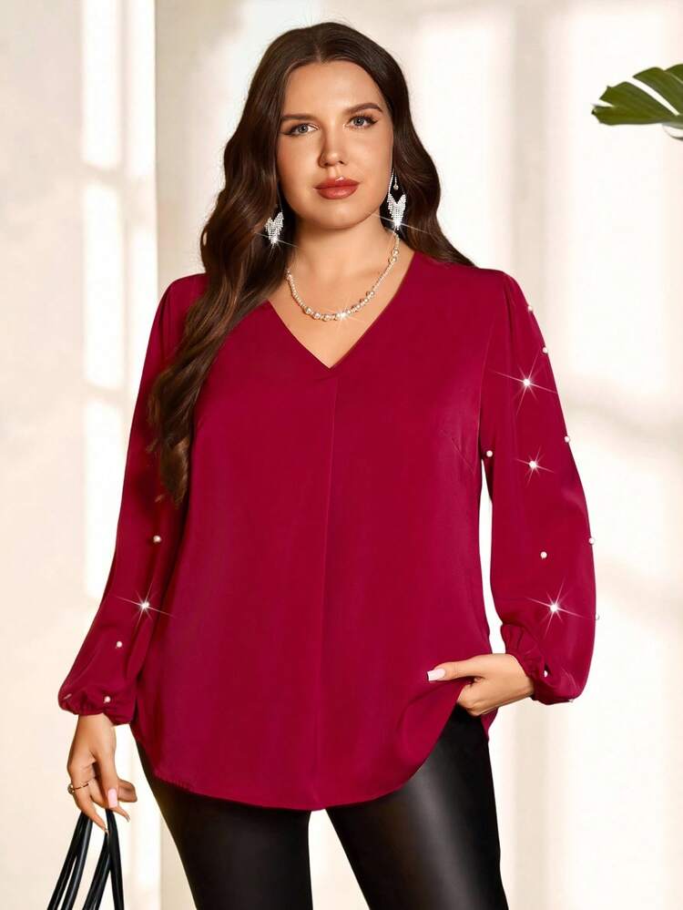 Plus Size Women's Solid Color V-Neck Faux Pearl Decor Lantern Sleeve Elegant Blouse Red Top Christmas New Year Elegant Blouses For Women Autumn Winter Cozy Fall And Winter