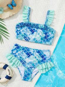 SHEIN 少女情人节度假休闲沙滩美人鱼鳞片印花泳装套装 - 藍色 - 查看 4