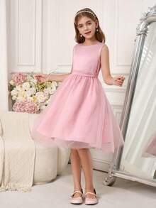 Pitira Đầm lưới màu hồng ngọt ngào dễ thương có nơ cho bé gái tuổi teen, đầm dự tiệc, đầm phù dâu đám cưới, đầm dự tiệc sinh nhật. - Hồng - Xem 4