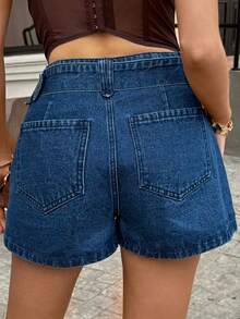 Livesso 女士休闲宽松牛仔短裤，圆环设计 - 藍色 - 查看 2