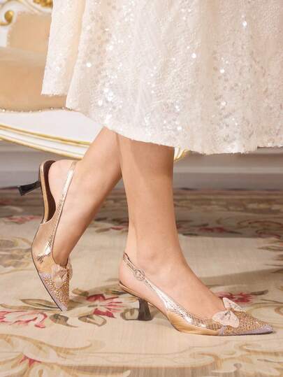 CUCCOO TILAWA Women's Shoes Fashion High-Heeled Shoes - Casual Style Commuting Summer And Autumn Pointed Mesh Edge Lace Pearl Bow Decorative Buckle Shoes - Comfortable, Simple And Elegant Women's Slip-On