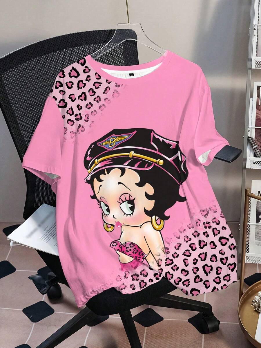Betty Boop x SHEIN 大码女式休闲时尚街头风卡通人物豹纹宽松短袖T恤，夏季 - 白色 - 查看 1